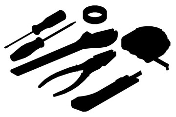 A black and white silhouette of a polygonal tool pack featuring a screwdriver, pliers, and other essential items. Clean white background highlights the sharp geometric shapes.
