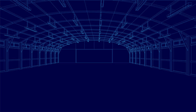 A detailed warehouse blueprint with a wireframe design showcases the interior layout on a blue background. The architectural plan highlights structural elements and spatial organization.