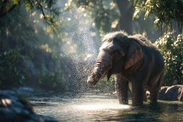 Fototapeta premium Elephant splashing water in a jungle pond