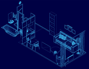 A blueprint of a modern living room features a sofa, chairs, tables, and a bathtub in wireframe style. The clean studio layout is displayed on a blue background with precise measurements.
