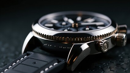 Close-Up of Luxury Stainless Steel Chronograph Watch Crown and Buttons with High Gloss Metal Texture