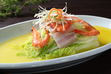 Chinese cuisine, Cantonese cuisine, salted meat steamed baby bok choy