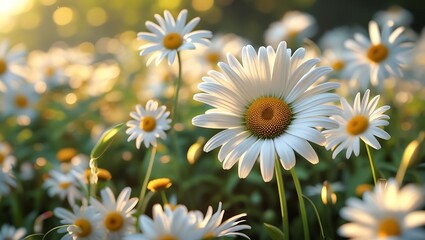 Fototapeta premium Close up of white daisies with yellow centers in a sunlit meadow with soft focus background daisy flower