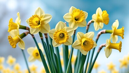 Fototapeta premium Close up of yellow daffodils with ruffled coronas against a soft blue sky narcissus flower