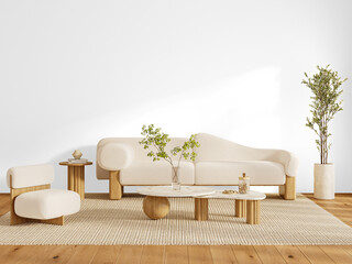 Full Living Room with Sofa, Chair, Coffee Tables and Plants – Interior PNG with Floor and Shadow