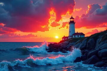 Fiery sunset bathes a solitary lighthouse in a watercolor tempest , colors, fiery