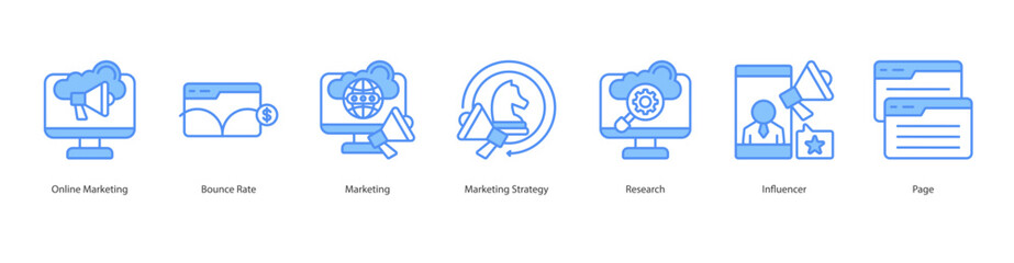 Digital Reach Engine banner web icon set vector illustration concept with icon of online marketing, bounce rate, marketing, marketing strategy, research, influencer, page