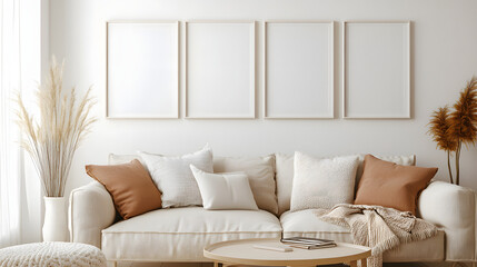 An empty white wooden frame hangs on the wall above a beige sofa with pillows and a blanket. Illustration for a mockup of a framed photo.