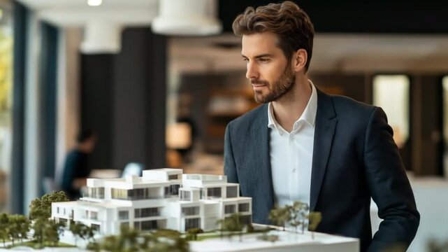 Architect contemplates model building design