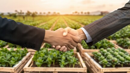 Business handshake in agricultural field, symbolizing partnership, sustainable farming, and growth in agribusiness.