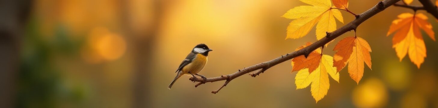 Golden-leaved oak branch, tiny tit perched, sunny autumn park , vibrant, foliage