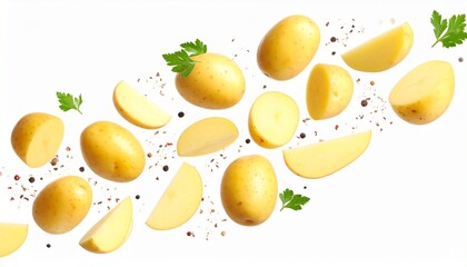  A creative and dynamic shot of multiple potato wedges, some with their skins on, floating in mid-air. They are seasoned with various spices and garnished with fresh rosemary sprigs, all set against a