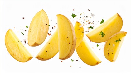  A creative and dynamic shot of multiple potato wedges, some with their skins on, floating in mid-air. They are seasoned with various spices and garnished with fresh rosemary sprigs, all set against a