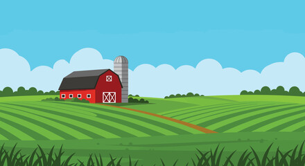 Cartoon Farm Landscape with Red Barn Silo Green Fields and Blue Sky © nhpvect02