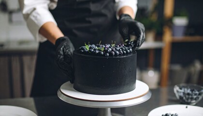A close-up shot of a pastry chef's hands in black gloves, meticulously decorating a dark, cylindrical cake. The chef is adding fresh blueberries and green leaves to the top of the cake, which is place