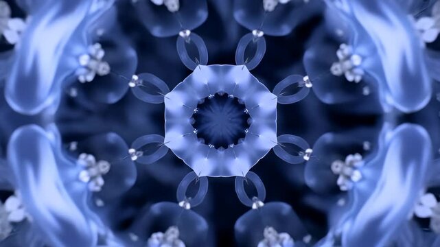 Blue kaleidoscope pattern of mirrored jellyfish forming organic mandala in water