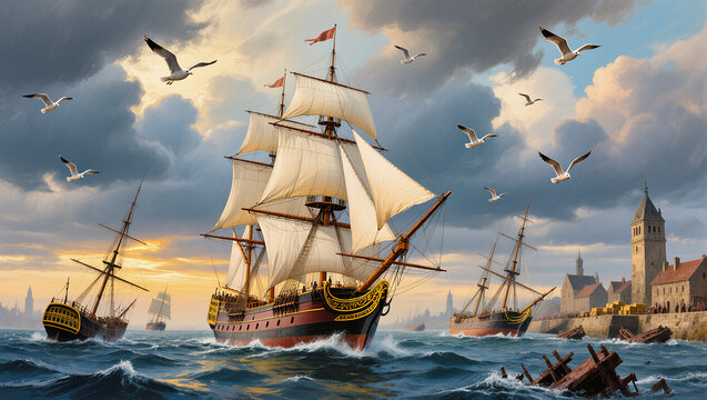 Majestic sailing ships navigating a lively harbor at sunset