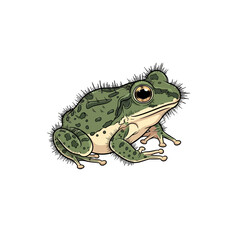 Fototapeta premium A cartoon illustration of a green frog with dark spots, resting on a white background.