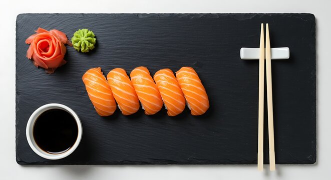 fresh salmon sushi with chopsticks, wasabi and soy sauce. delicious salmon nigiri sushi soy sauce and wasabi on plate, top view.