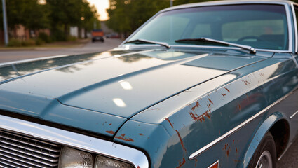 Vintage car parked on a quiet street at dusk in the city