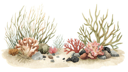 Obraz premium Watercolor illustration of a vibrant coral reef scene with various aquatic plants.