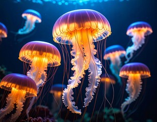 Bioluminescent jellyfish in deep water