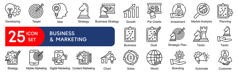 25 Thin Line Business and Marketing Icons Set