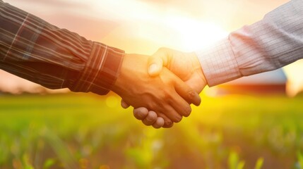 Business handshake in a sunny green field symbolizing agreement, partnership, and successful collaboration