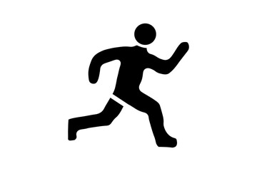 A bold, black and white icon of a person running. The figure is a solid black silhouette in a stylized running pose, with arms and legs in motion.