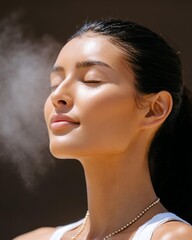 Chemical-free misting routine for glowing skin A serene woman enjoying a moment of calm. ideal for daily chemical-free misting routine skincare rituals