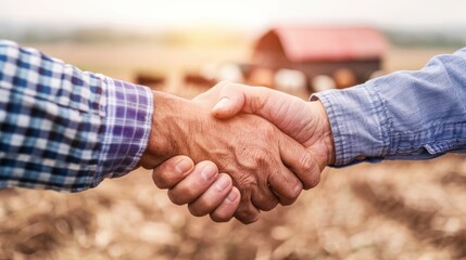 Close-up of two people shaking hands in a rural field, symbolizing agricultural partnership, business agreement, and trust.