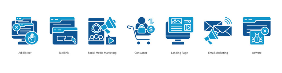 Traffic Control System banner web icon set vector illustration concept with icon of ad blocker, backlink, social media marketing, consumer, landing page, email marketing, adware