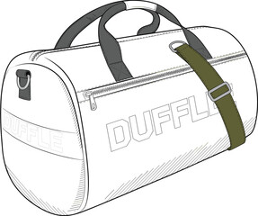 Modern duffle bag, travel gym bag, stylish sport luggage, vector illustration, zip design, handle strap detail – cad drawing flat vector illustration