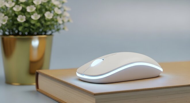 A modern white wireless computer mouse with glowing accents rests on a book next to a potted plant
