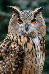 Obraz premium An owl's intense gaze captivates in close-up portrait. The majestic creature's piercing orange eyes are framed by intricate feathers. The owl seems to be deeply focused