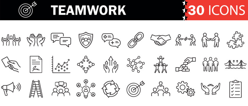 Teamwork icon set. Business related line icons: meeting, cooperation, support, collaboration, partnership, society, workshop, work group, human resource and more. Editable stroke.