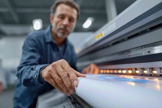 A man operates a large format printer, focusing on his work