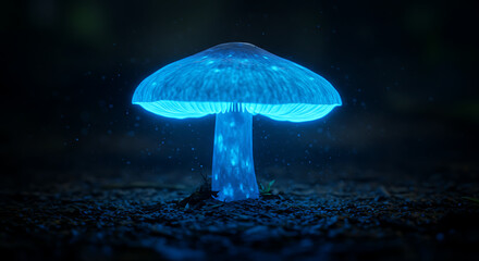 A fantastical glowing blue mushroom on a dark forest floor, illuminating the night with its ethereal, magical light.