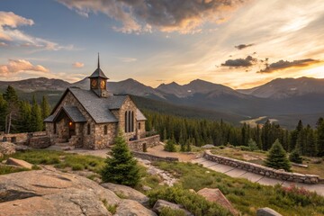 Stone Chapel at Sunset in Mountain Landscape