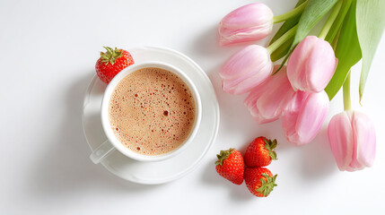 A cup of coffee with milk and strawberries next to it, pink tulips on the table, white background.