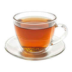 Transparent glass teacup filled with amber liquid, on a saucer