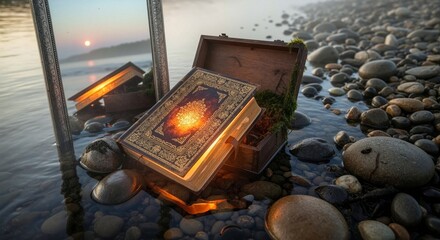 A mystical book glowing on a rocky shore, with a mirror reflecting a sunset, signifying knowledge and spiritual reflection