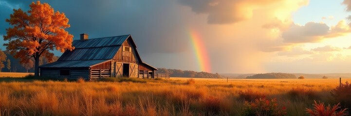 Rustic barn cabin nestled in autumnal field, vibrant rainbow overhead, tranquil, design, barn