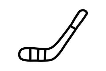 A simple, black and white line art illustration of a hockey stick. The stick is depicted with a long shaft and a curved blade at the end, all outlined with thick black lines.