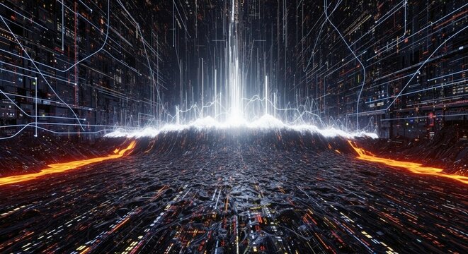 Abstract digital landscape with glowing lines. Big data visualization and information flow for modern technology concepts