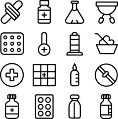 Bold Black Line Icons: Medical Supplies, Healthcare, Pharmacy, First Aid Kit, Minimalist Style