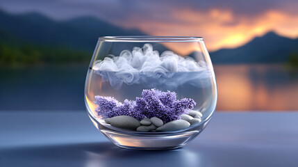 Zen Still Life with Lavender Flower Smoke and Stone in Glass Against Mountain