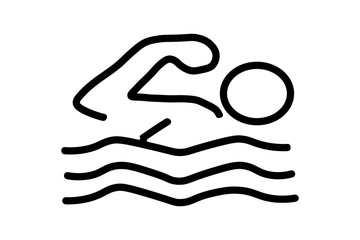 A simple, black and white line art illustration of a person swimming. The figure is shown from a side view, with one arm extended forward and the other submerged.