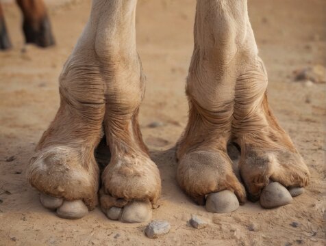 Closeup view of camel's soft, fluffy furcovered feet with pointed toes on sandy ground, low angle shot.