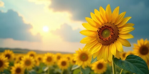 Obraz premium Single sunflower facing sun, cloudy sky backdrop, sun, golden
